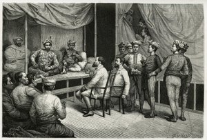 Recepción de viajeros en el palacio del sultán de Soulou (o Sulu) (archipiélago de Filipinas), Mohammed Yamalul Alam. Grabado de E.Ronjat, para ilustrar la historia “Viaje a Filipinas”.