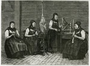 Esparcidores de Sondernach, descripción de las diferentes etapas del hilado, mano, huso y husillo. Ilustración de la historia “Atravers l