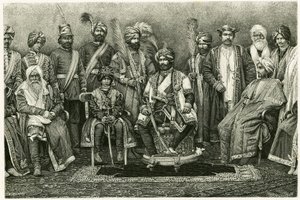 El maharajá de Cachemira, Rambhir Sing y su corte. Grabado por E. Ronjat, para ilustrar la historia "Retrato de una mujer parisina en el Himalaya Occidental", en 1881, por Marie de Ujfalvy-Bourdon. Publicado en Le Tour du monde, 2º semestre