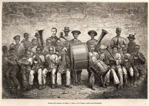 La banda de los niños de la misión de Gabón. Grabado según el dibujo de E.Ronjat, para ilustrar el crucero en la costa de África, por el Vicealmirante Fleuriot de Langle, en 1868, publicado en “Le tour du monde” 1876, editado por Edouard Charton, edición H de Etienne Antoine Eugene Ronjat