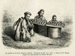 El comerciante de pan, al pie de la Puerta de la Flor Oriental del Palacio Imperial en Pekín, una escena actual de la vida cotidiana. Grabado según el dibujo de E.Ronjat, para ilustrar el viaje a Pekín y el norte de China, por T.Choutze, en 1873, publicado