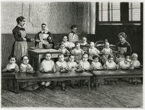 La comida de los niños en la guardería. Grabado por E. Ronjat, para ilustrar la historia 