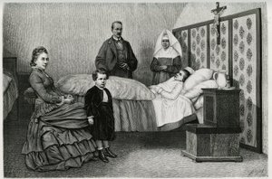 La consulta del médico en el hospicio de Logelbach. Grabado por E. Ronjat, para ilustrar la historia "A través de Alsacia y Lorena", en 1884, por Charles Grad (1842-1890), diputado alemán, escritor y naturalista. Publicado en Le Tour du monde de Etienne Antoine Eugene Ronjat