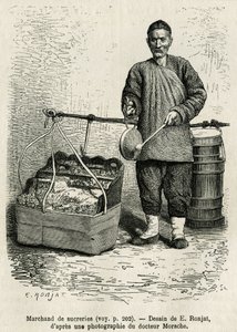El comerciante de azúcar golpeando un tambor plano para llamar la atención sobre sus albaricoques secos, manzanas confitadas y caramelos de caramelo, caminando por la Puerta de la Flor Oriental del Palacio Imperial en Pekín. Grabado después del dibujo de E