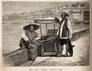 Dos porteadores en reposo junto a su silla de ruedas en Hong Kong, grabado después de un dibujo de E. Ronjat ilustrando el viaje a China, por J. Thompson, en 1870-1872, publicado en 