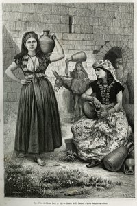 Mujeres llevando jarras, cerca del pozo de Hiram en Tiro. Grabado por E.Ronjat, para ilustrar la historia La Siria de hoy, por M.Lortet, decano de la Facultad de Medicina de Lyon, encargado de una misión científica por el Ministerio de Educación Pública, p