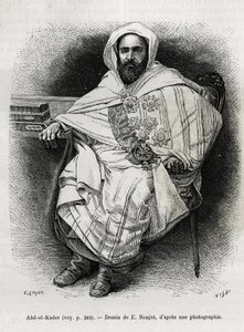 Retrato de Abd El Kader (1808-1883) emir y sultán argelino, teólogo sufí, político y resistencia militar al ejército colonial francés, también escritor, poeta y filósofo. Grabado de E.Ronjat, para ilustrar la historia La Siria de hoy, por M.