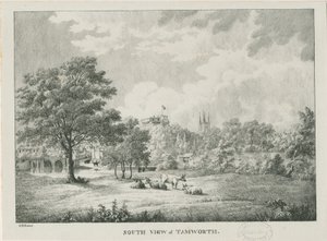 Tamworth - Vista distante desde el sur: litografía, nd [1796-1865]