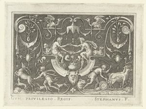Esaú vende su primogenitura a Jacob Decoraciones planas con escenas del Antiguo Testamento en un marco de grutescos (título de la serie) de Etienne Delaune