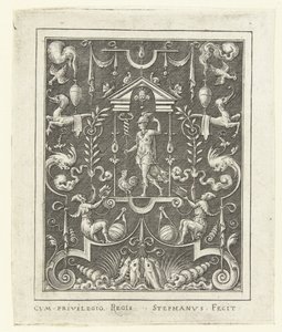 Mercurio Decoraciones superficiales con figuras de dioses en un marco de grutescos (versión posterior) (título de la serie) de Etienne Delaune