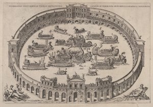 Combate naval dentro de una arena romana, con el río Tíber y ninfas