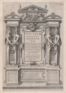 Speculum Romanae Magnificentiae: Página de Título grabada dentro de un marco arquitectónico y escultórico, 1573-77 de Etienne Duperac
