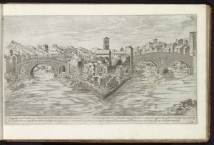 Tibereilandia y Roma Bouwwerken uit de oudheid (título de la serie) Los vestigios de la antigüedad en Roma recogidos y retratados en perspectiva por Stefano Du Perac Parisino (título de serie sobre objeto) de Etienne Duperac