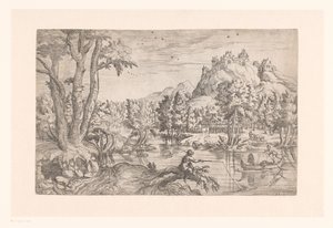 Paisaje con pescador y castillo en la cima de la montaña de Etienne Dupérac (attributed to)