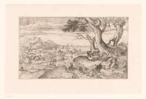 Paisaje con un sátiro femenino alimentando a un niño sátiro de Etienne Dupérac (attributed to)