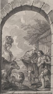 La Capilla de los Enfants-Trouvés en París: Grupo de pastores frente a una cabaña, 1757 de Etienne Fessard