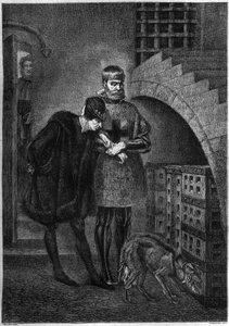 El rey Luis XI de Francia (1423-1483) visitando al prisionero Jean de La Balue (Cardenal Balue) (1421-1491), encerrado en una jaula de hierro. Grabado por Bocour después de la pintura de Gerome