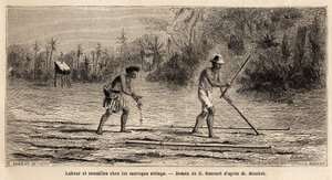 Arado y siembra entre los salvajes Stiengs, habitantes de los bosques de Camboya, dibujo de E.Bocour, para ilustrar el viaje de Henri Mouhot a través de los reinos de Siam, Camboya y Laos de 1858 a 1861. Grabado en “Le tour du monde”, editado por