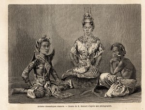 Artistas dramáticos siameses, dibujo de E. Bocour, para ilustrar el viaje de Henri Mouhot a los reinos de Siam, Camboya y Laos de 1858 a 1861. Grabado en “Le tour du monde”, editado por Edouard Charton