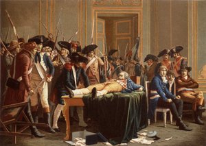 La mañana del 10 de Thermidor Año II; Maximilien de Robespierre, con la mandíbula fracturada, extendido sobre una mesa (cromolito) de Etienne Lucien (after) Melingue