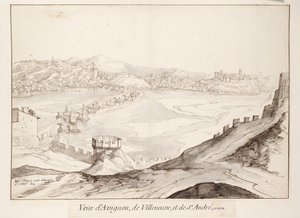 Vista del Puente en Aviñón mirando hacia Villeneuve, principios del siglo XVII