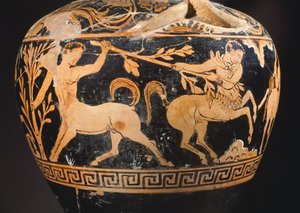 Ánfora del Pintor de la Centauromaquia, (detalle) mostrando una batalla entre centauros. Cerámica de figuras rojas de Porano (Umbría). Civilización etrusca, siglo IV a.C.