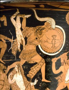 Antigüedad etrusca: crátera de campana que representa la destrucción de Troya: detalle que representa a Neoptólemo arrojando a Astianacte, hijo de Héctor, sobre las murallas. De Falerii Veteres (Civita Castellana). 350-300 a.C. Roma, Museo Nacional de Vill