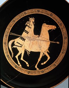 Antigüedad etrusca: (detalle) de una kílix que representa a un jinete. De Falerii Veteres (Civita Castellana) siglo V a.C. Roma, Museo Nacional de Villa Giulia de Etruscan