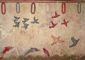 Aves acuáticas y delfines saltando, de la Tumba de la Caza y la Pesca, c.520-10 a.C. de Etruscan
