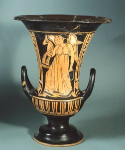 Cáliz-crátera (gran jarrón) del Pintor de Berkeley que representa un espíritu alado. Cerámica de figuras rojas. Civilización Etrusca, siglo IV a.C.