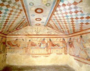 Tumba etrusca de los Leopardos, fresco que muestra escena de banquete, Tarquinia. Siglo V a.C., Italia