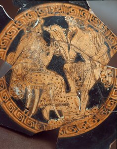 Antigüedad etrusca: detalle de una kylix que representa a Poseidón y Anfitrite. De Falerii Veteres (Civita Castellana) siglo VI a.C. Roma, Museo Nacional de Villa Giulia de Etruscan