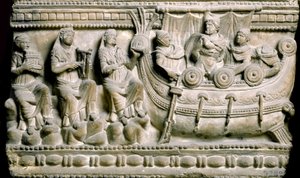 Arte etrusco: “Ulises, atado al mástil de su barco, resiste el canto de las sirenas” Bajo relieve de un sarcófago de Volterra. Siglo IV-III a.C. Florencia, museo arqueológico - Civilización etrusca, siglo IV a.C.: Bajo relieve de un sarcófago de Etruscan