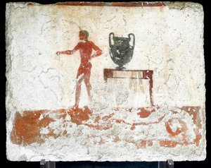 Arte etrusco: un joven efebo desnudo cerca de una mesa donde se coloca un jarrón. Fresco de la tumba del “buceador”. Del cementerio sur de Paestum. 480-470 a.C. Museo Arqueológico Nacional, Paestum