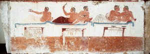 Arte etrusco: escena de banquete. Fresco de la tumba del "buceador". Del cementerio sur de Paestum. 480-470 a.C. Museo Arqueológico Nacional, Paestum de Etruscan