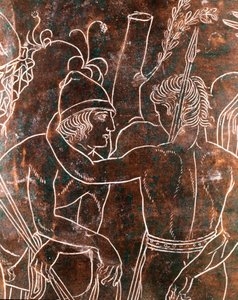 Arte etrusco: detalle del Cista Ficoroni de bronce que representa la leyenda de los Argonautas. De Preneste (Palestrina). 340 a.C. Museo Nazionale di Villa Giulia, Roma