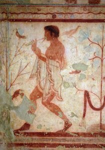 Arte etrusco: frescos que representan escenas de banquete, detalle que representa a un flautista. Tumba del Triclinium. Siglo V a.C. Museo Arqueológico Nacional de Tarquinia, Italia