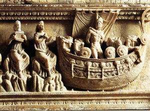 Civilización etrusca, urna de alabastro, detalle del relieve que representa a Odiseo y las sirenas de Etruscan