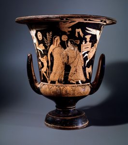 Civilización etrusca: crátera de terracota decorada por el pintor de Nazzano representando a Apolo y una ménade, 350 a.C. Dim 57 cm. Del sitio de Civita Castellana de Etruscan