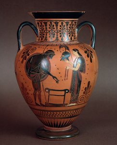 Civilización etrusca: hidria de terracota representando a Tetis entregando armas a su hijo Aquiles, 550-500 a.C. De Cerveteri, Italia de Etruscan