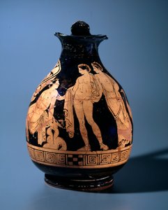 Civilización etrusca: oinochoe de terracota decorada por el taller del pintor de Alcesti representando a un joven sentado hablando con dos personas de pie, 360-340 a.C. de Tarquinia, Italia