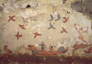 Pescadores en un bote y aves volando, de la Tumba de la Pesca y la Caza, c.520-510 a.C. de Etruscan