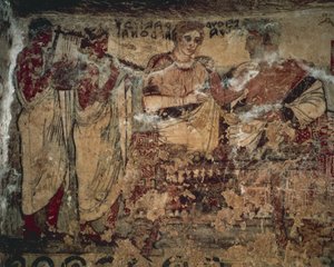 Fresco que representa el banquete funerario de Velthur Velcha con su esposa Ravnthu Aprthnei entretenidos por dos músicos de Etruscan