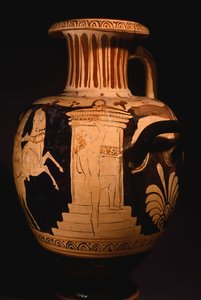 Hidria por el Pintor de la Biga Vaticana, mostrando detalle del edículo con pintor trabajando. Cerámica de figuras rojas. Civilización etrusca, siglo IV a.C. de Etruscan