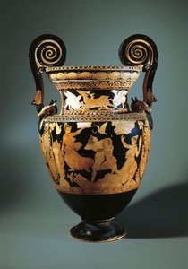 Italia, Lacio, Civita Castellana, Cáliz-crátera de volutas de figuras rojas (jarrón usado para mezclar vino y agua) que representa a Peleo secuestrando a Tetis, pintado por el Pintor de Aurora, 360/340 a.C. de Etruscan