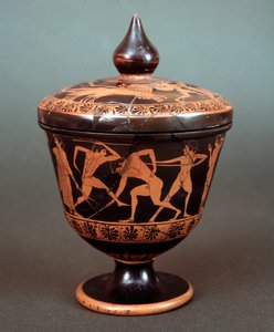 Píxide con representación de escena de palestra, terracota, 520-500 a.C. de Etruscan