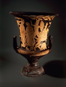 Cerámica de figuras rojas, Cáliz-crátera con guerreros luchando, del Taller de Vulcente de Etruscan