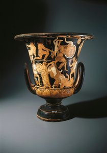 Cerámica de figuras rojas, cáliz crátera que representa a Neoptólemo, Astianacte, Helena de Troya y Príamo en el suelo, del Pintor de Nazzano, de Civita Castellana de Etruscan