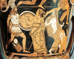 Cerámica de figuras rojas, detalle de crátera que representa a Menelao enfrentado por Afrodita al alcanzar a Helena