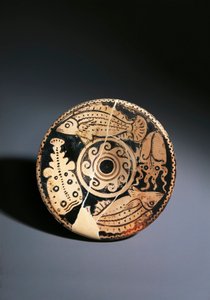Plato de cerámica de figuras rojas con decoración de peces, de Cerveteri de Etruscan